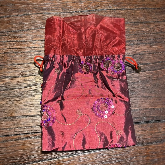 $1 Add-On Drawstring Bag Red Sequins Asian Coins Gift Bag Chinese Embroidered - Picture 2 of 3
